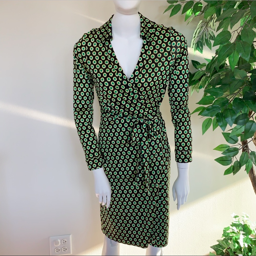 DVF New Jeanne Two Dress, Sz 10, Blk/Grn/Gld/Wht